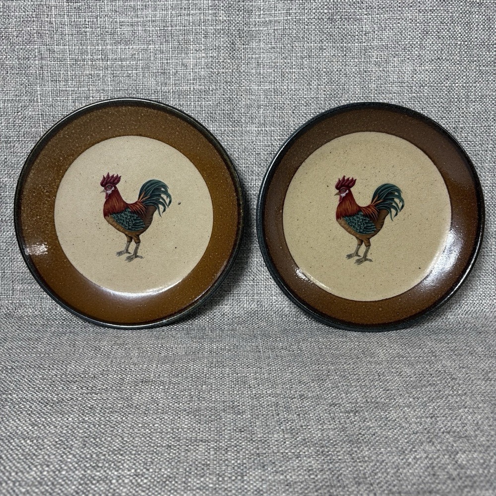 Monroe Salt Works Maine Pottery Rooster Stoneware Dessert Plates Set‎ of 2 Brown